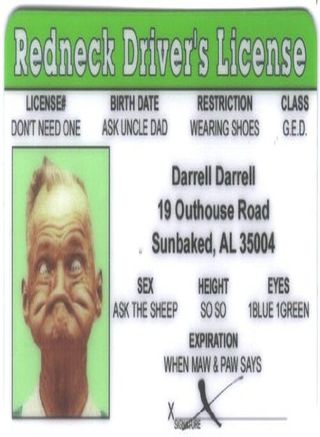 Signs 4 Fun Parody ID | Redneck Driver’s License | Fake ID Novelty Card | Collectible Trading Card Driver’s License | Novelty Gift for Holidays | Made in The USA